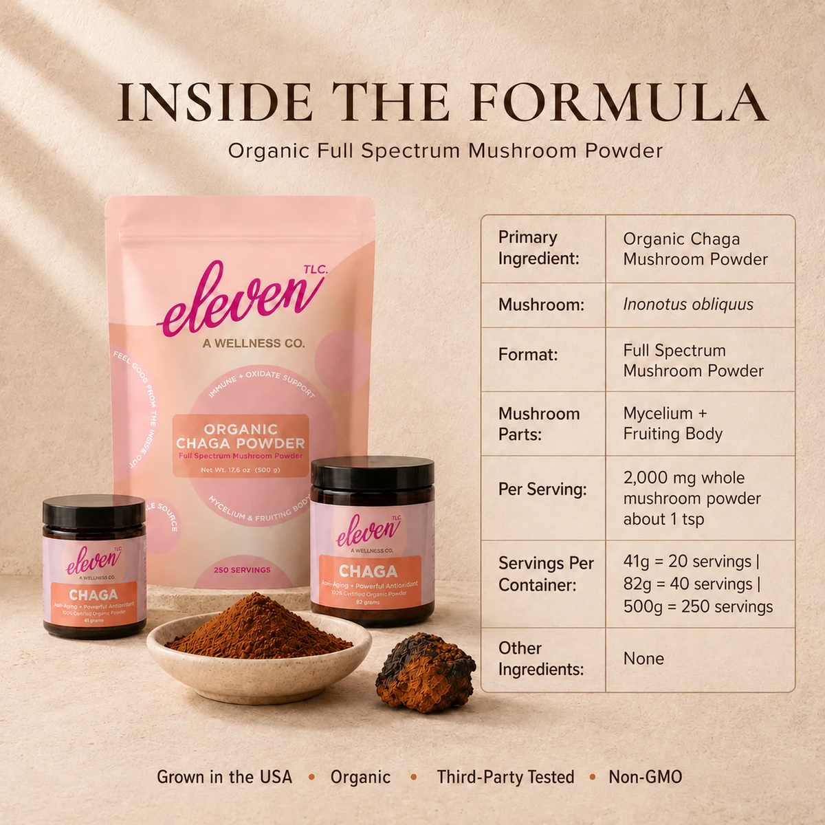 Inside the formula for Eleven TLC Organic Chaga Mushroom Powder, with the 41g, 82g and 500g sizes, serving facts and ingredient details.
