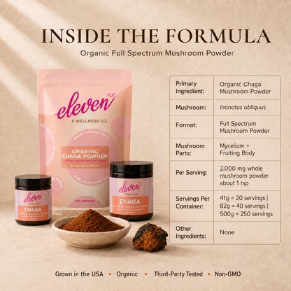 Inside the formula for Eleven TLC Organic Chaga Mushroom Powder, with the 41g, 82g and 500g sizes, serving facts and ingredient details.