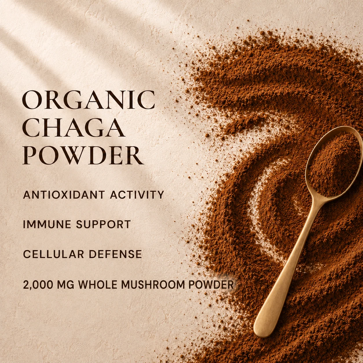 Swirl of Eleven TLC Organic Chaga Mushroom Powder on a warm cream background.