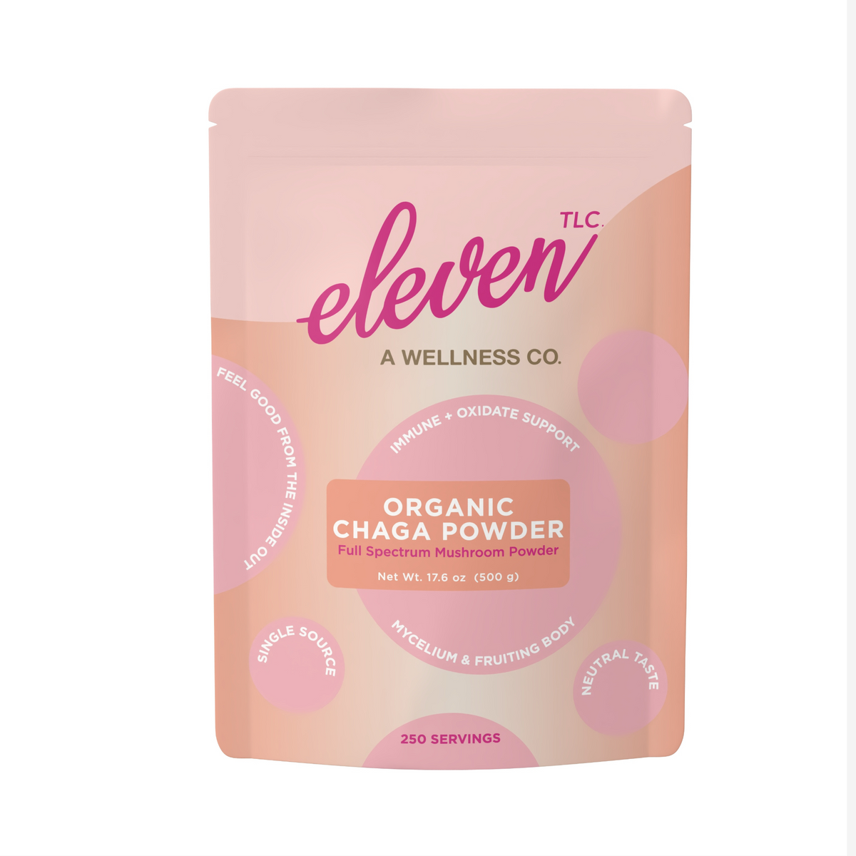 Front label panel of Eleven TLC organic chaga mushroom powder 500g; supports antioxidant and immune function.