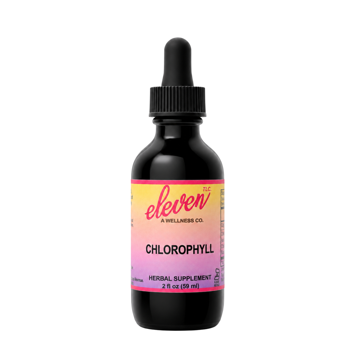 Eleven TLC alcohol-free liquid chlorophyll drops in a 2 oz amber glass bottle with a dropper cap on a clean white background.