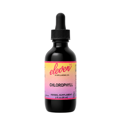 Eleven TLC alcohol-free liquid chlorophyll drops in a 2 oz amber glass bottle with a dropper cap on a clean white background.