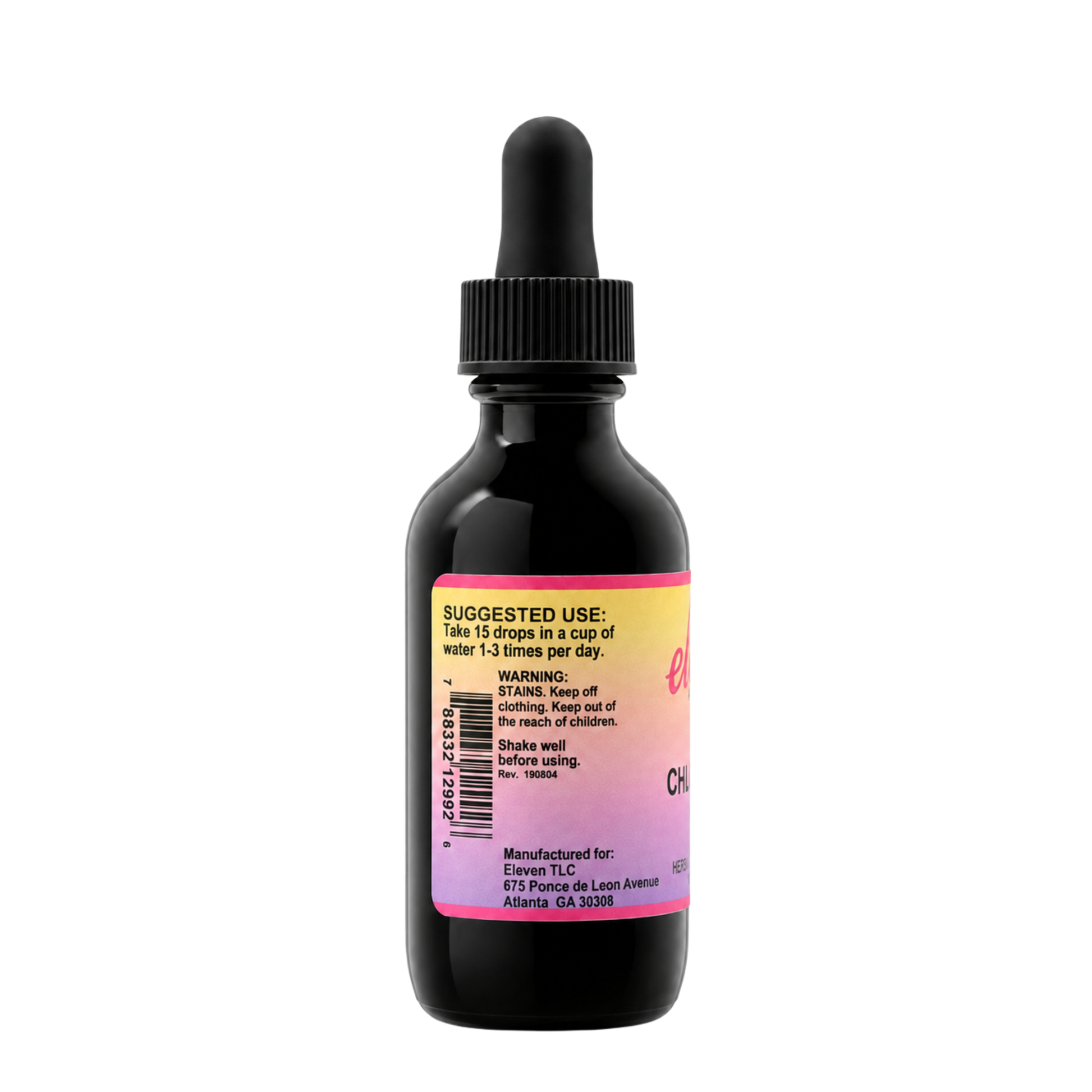 Eleven TLC chlorophyll tincture bottle showing suggested use instructions and ingredient panel on the product label.