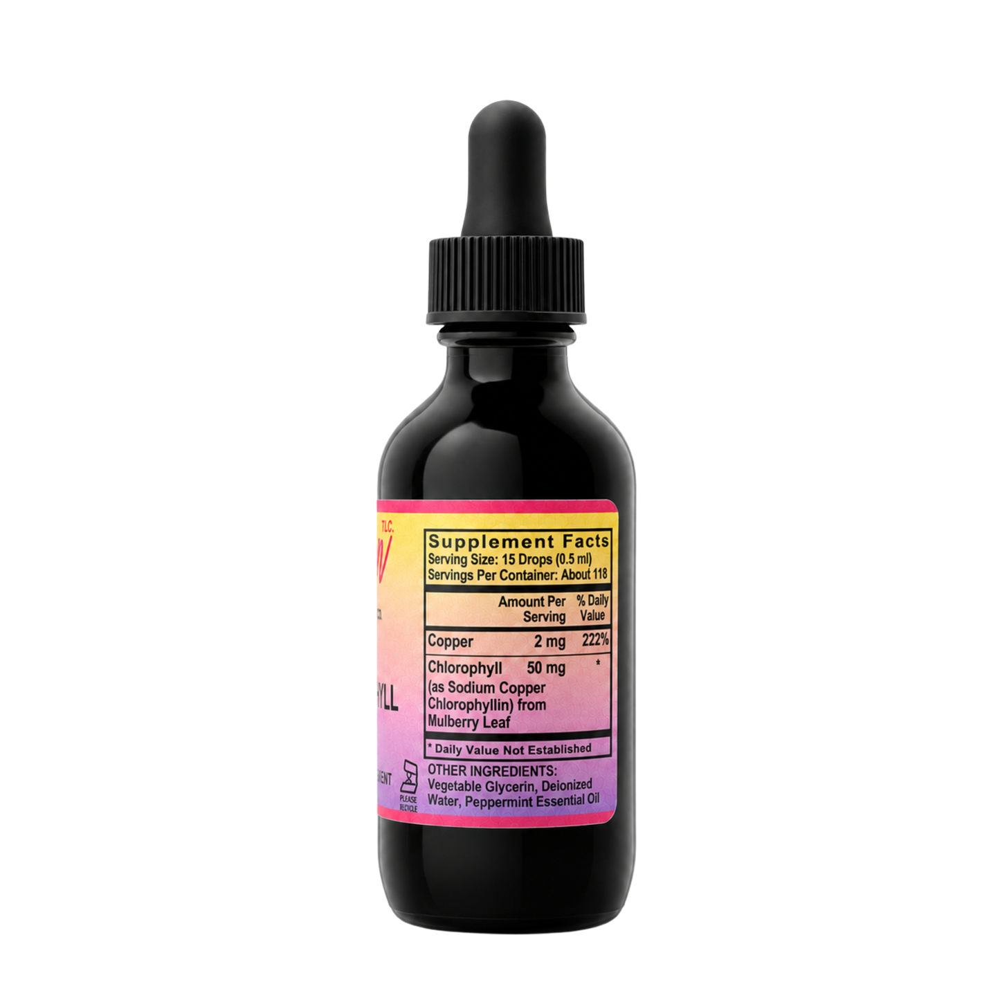 Eleven TLC 2oz liquid chlorophyll product label highlighting supplement facts, serving size, and ingredient density.