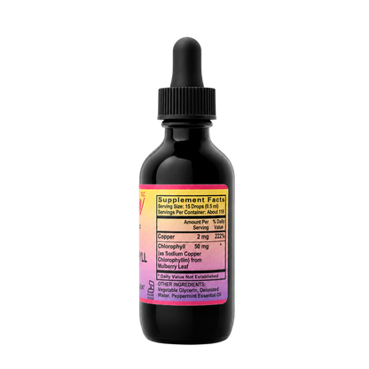 Eleven TLC 2oz liquid chlorophyll product label highlighting supplement facts, serving size, and ingredient density.