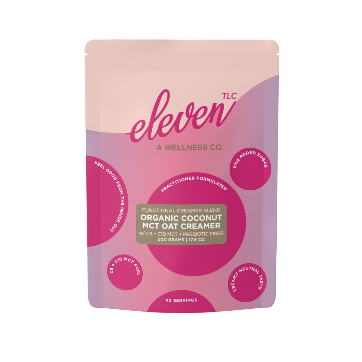 Eleven TLC Organic Coconut Oat MCT Creamer 500g stand-up pouch, front, in magenta and white packaging.