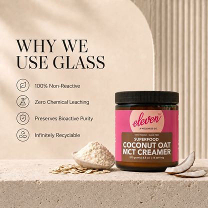 Eleven TLC Coconut Oat MCT Creamer in an amber glass jar with coconut and oats, beside a panel explaining why it is packed in glass.