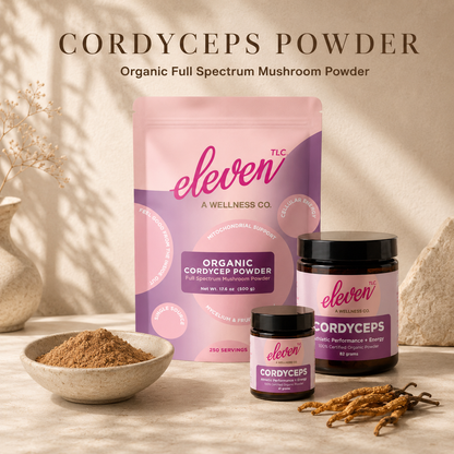 Eleven TLC Cordyceps mushroom powder shown in 41g, 82g, and 500g sizes with powder bowl and whole cordyceps.