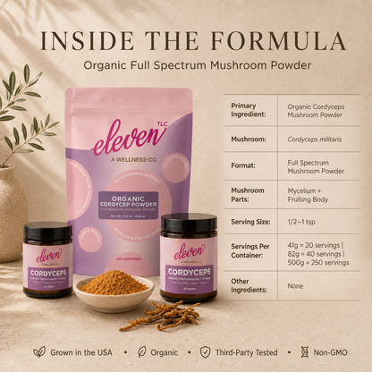 Inside the formula for Eleven TLC Cordyceps mushroom powder showing serving size, organic cordyceps, mycelium and fruiting body, and servings by size.