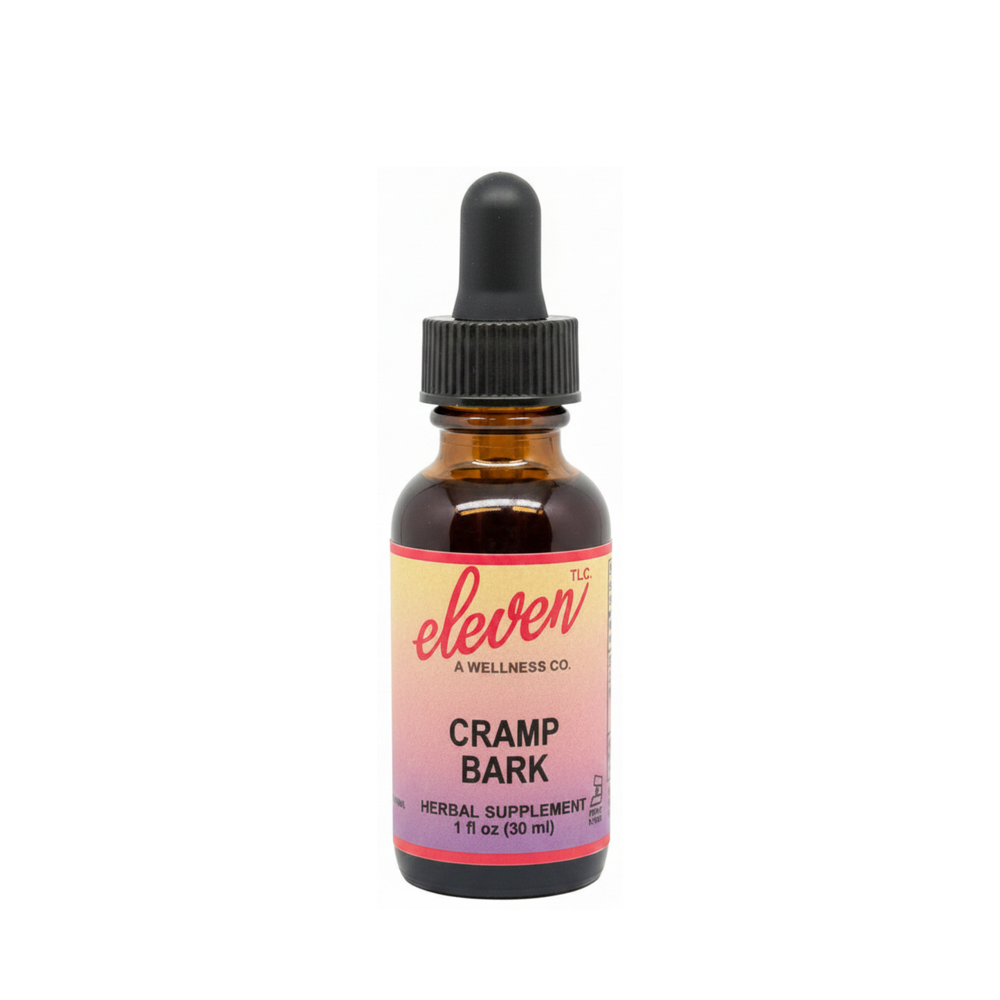 Eleven TLC Cramp Bark tincture 1 oz amber glass bottle with dropper, featuring branded label for menstrual comfort.