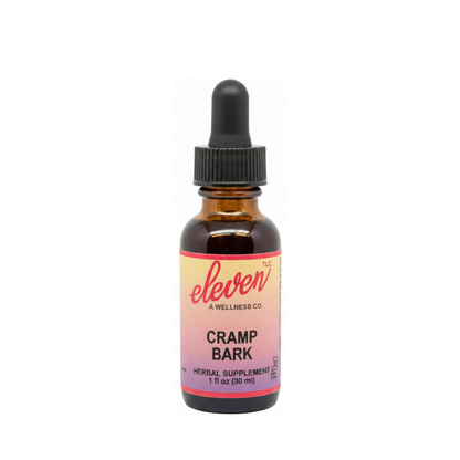 Eleven TLC Cramp Bark tincture 1 oz amber glass bottle with dropper, featuring branded label for menstrual comfort.