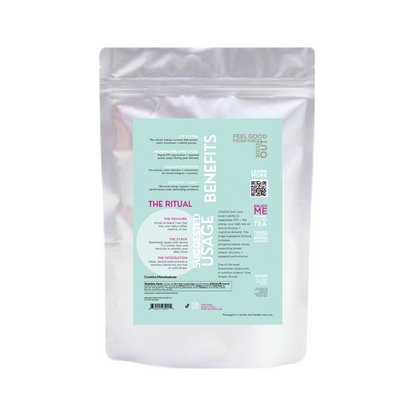 Eleven TLC Creatine Monohydrate 500g pouch, back panel with usage and nutrition details.