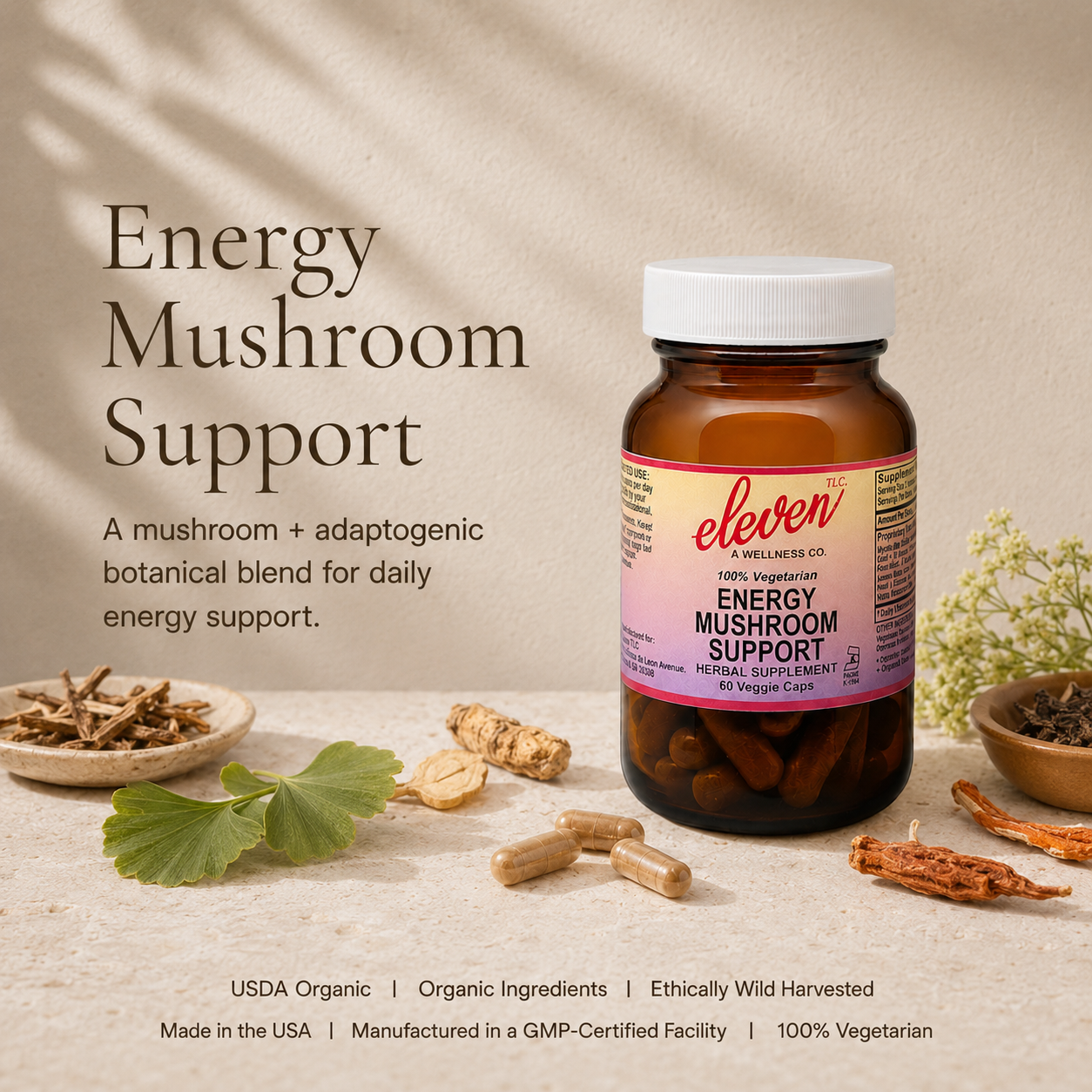 Eleven TLC Energy Mushroom Support 60-count bottle with botanical ingredients and functional benefit summary.