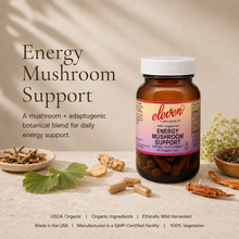Eleven TLC Energy Mushroom Support 60-count bottle with botanical ingredients and functional benefit summary.