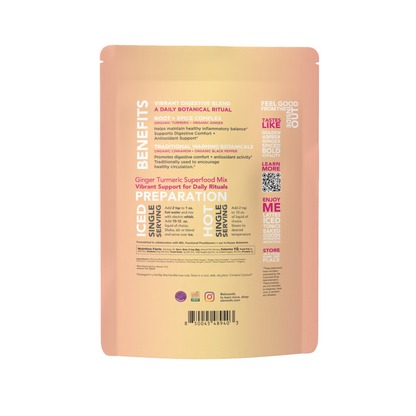 Back label of the Eleven TLC Organic Ginger Turmeric Golden Drink Mix 500g resealable pouch, with ingredient profile and preparation instructions.
