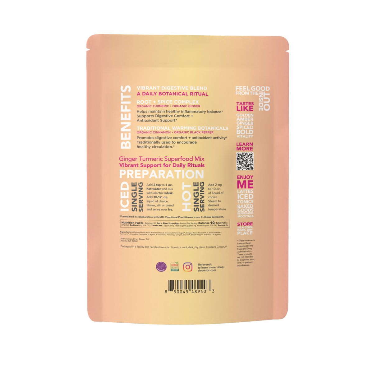 Back panel of the Eleven TLC Ginger Turmeric bulk pouch, with ingredients, hot and iced preparation guidelines, and a scannable barcode.