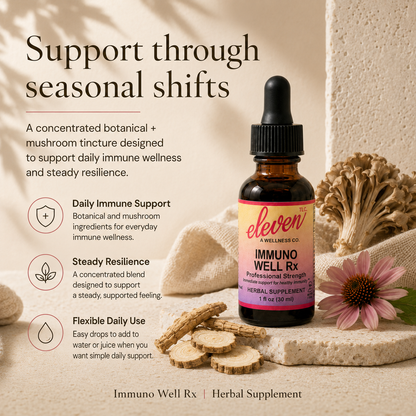 Eleven TLC Immuno-Well Rx infographic highlighting seasonal immune support, botanical benefits, and daily ritual usage.