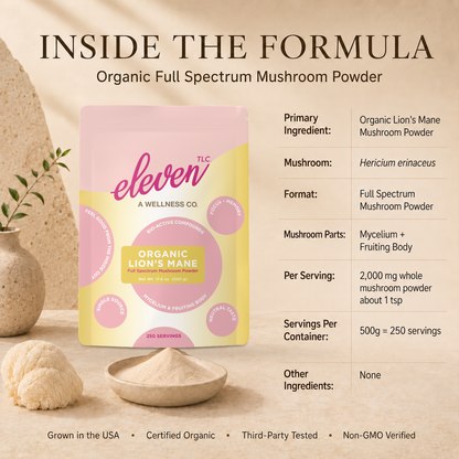 Eleven TLC Lion’s Mane 500g foodservice pouch with fine mushroom powder and a formula chart showing ingredients, 2g per serving and 250 servings.