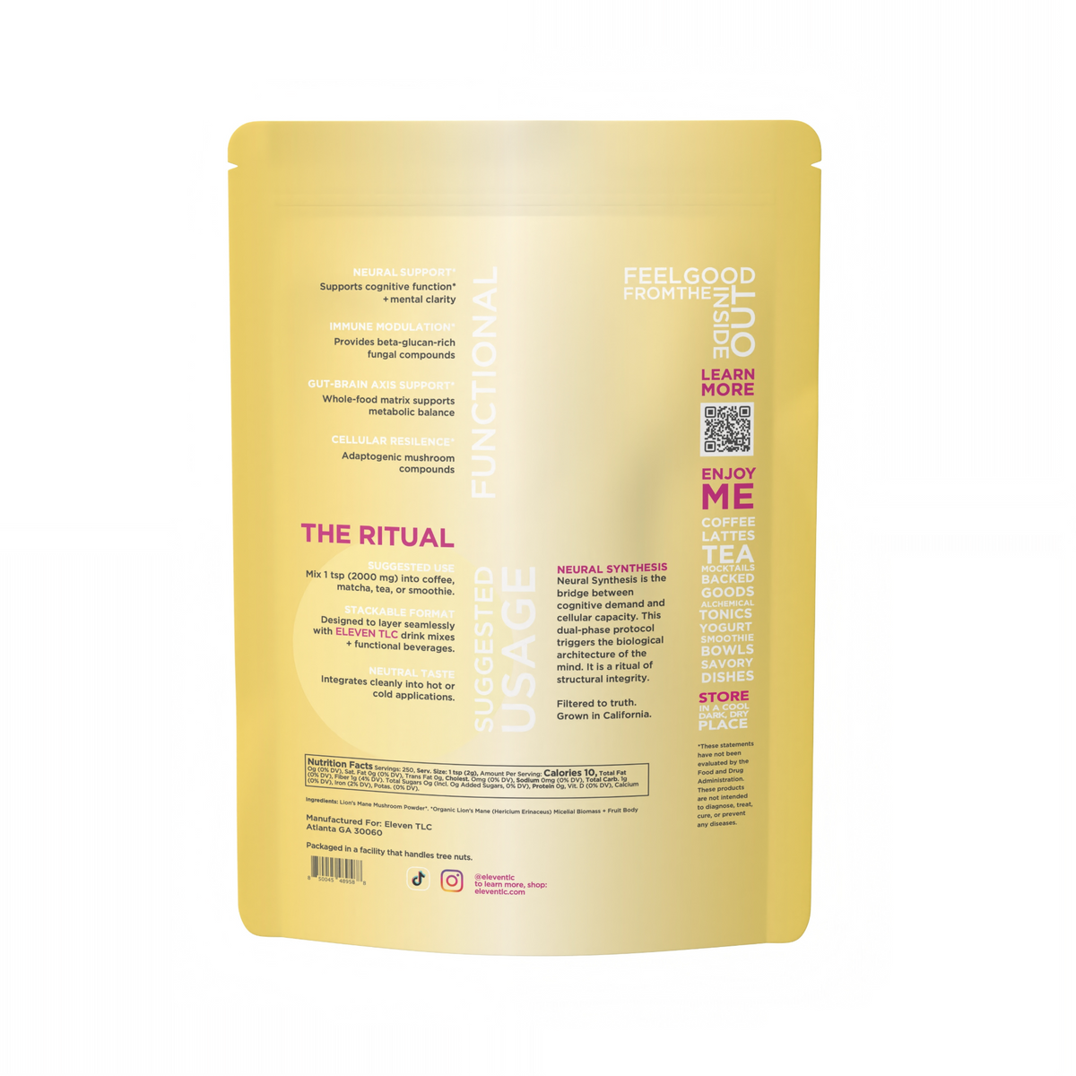 Back panel of Eleven TLC organic lion's mane powder 500g foodservice pouch with usage and nutrition details.
