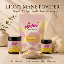 Eleven TLC Lion’s Mane powder pouch with 41g and 82g jars, powder bowl, spoon, and lion’s mane mushroom