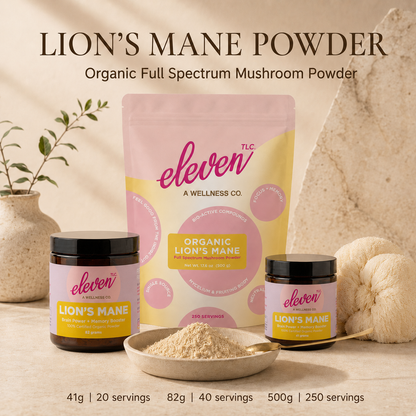 Eleven TLC Lion’s Mane powder pouch with 41g and 82g jars, powder bowl, spoon, and lion’s mane mushroom