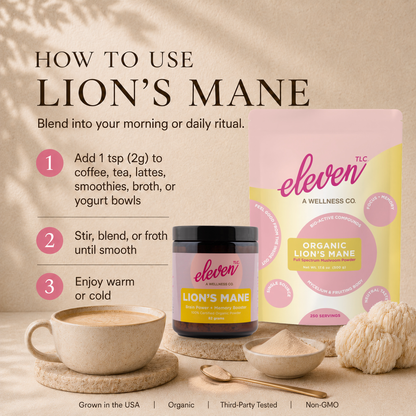 How to use Eleven TLC Lion's Mane powder: add 1 tsp (2g), stir, blend or froth until smooth, and enjoy warm or cold; shown with an 82g jar and 500g pouch.