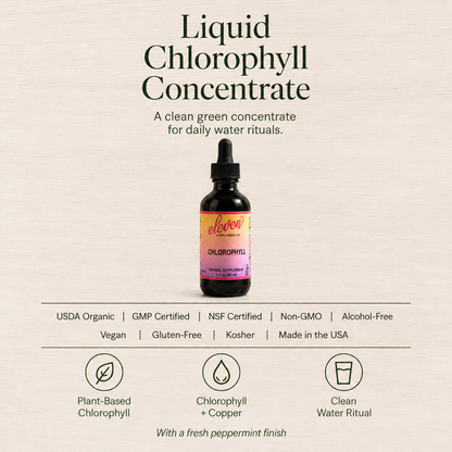 Eleven TLC liquid chlorophyll 2oz bottle with supplement facts, certification icons, and clean water usage details.