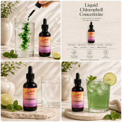 Eleven TLC 2 oz chlorophyll tincture 4-panel collage: dropper shot, certifications, bottle with glass, green lime drink.