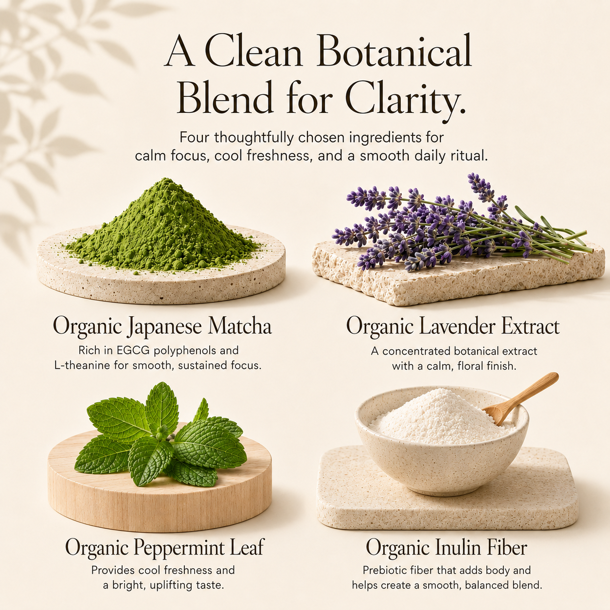 Minty Lavender Matcha ingredient slide with organic matcha, lavender, peppermint, and inulin fiber