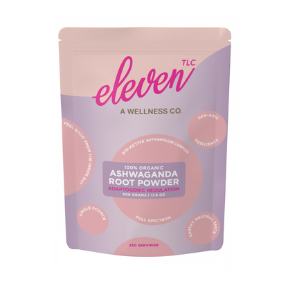 Front panel of Eleven TLC organic ashwagandha root powder 500g foodservice pouch; stress and cortisol support.