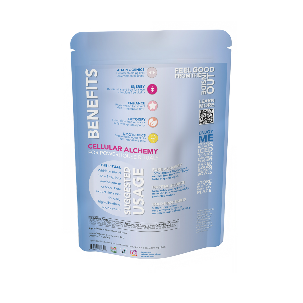 Eleven TLC organic blue spirulina powder 500g pouch back panel detailing product benefits, usage, and nutrition facts.