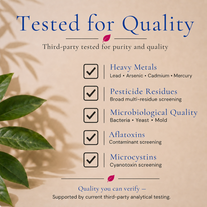 Tested for Quality infographic for Eleven TLC organic blue spirulina powder: third-party tested for heavy metals, pesticide residues, microbiological quality, aflatoxins and microcystins.