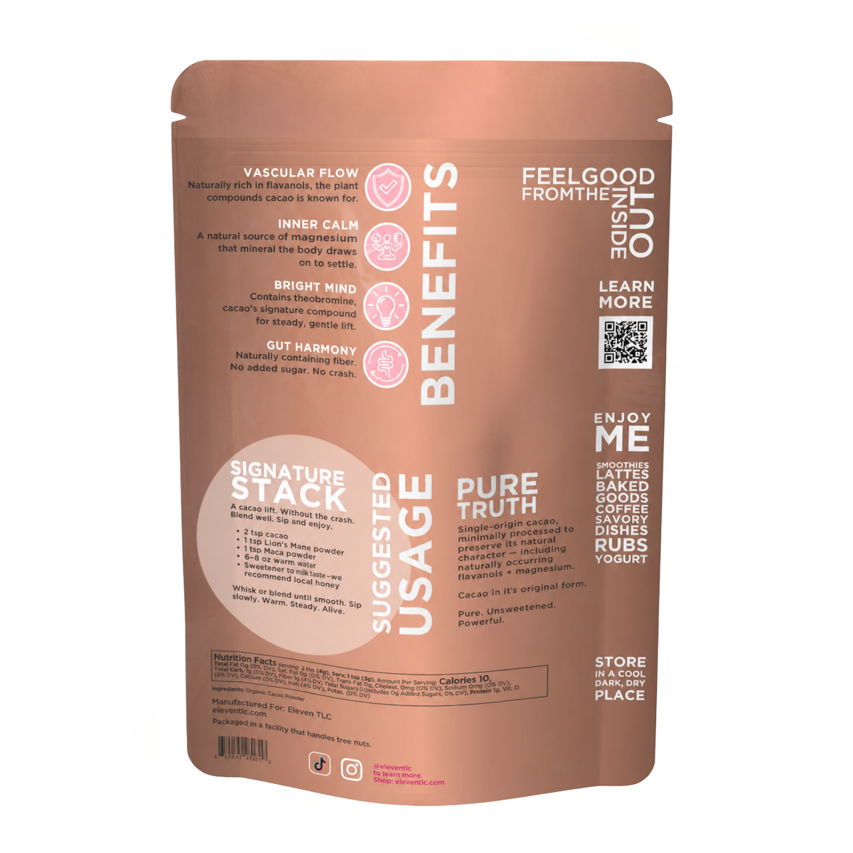 Eleven TLC Organic Cacao Powder 500g pouch, back panel with usage and nutrition details.