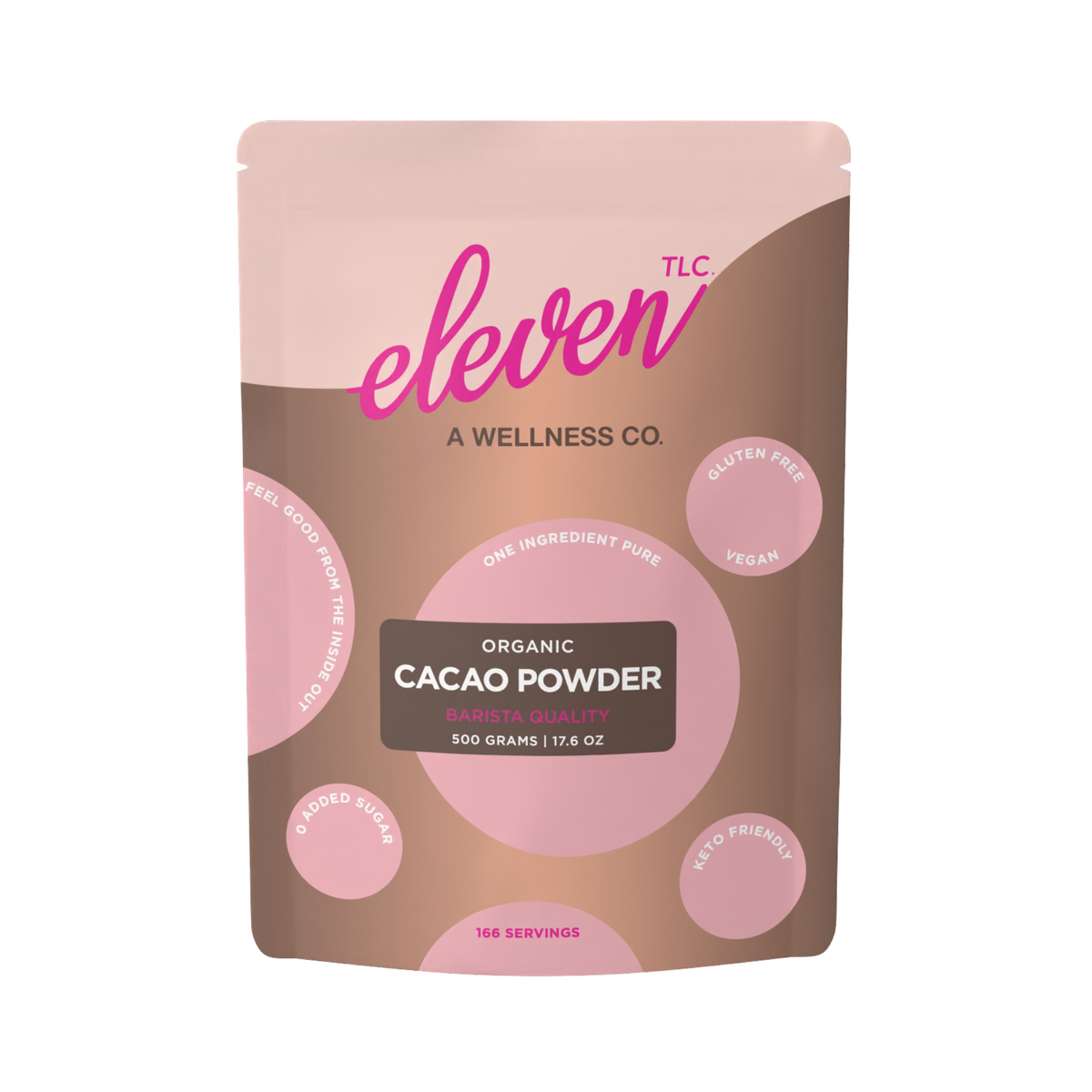Eleven TLC Organic Cacao Powder 500g pouch, front.