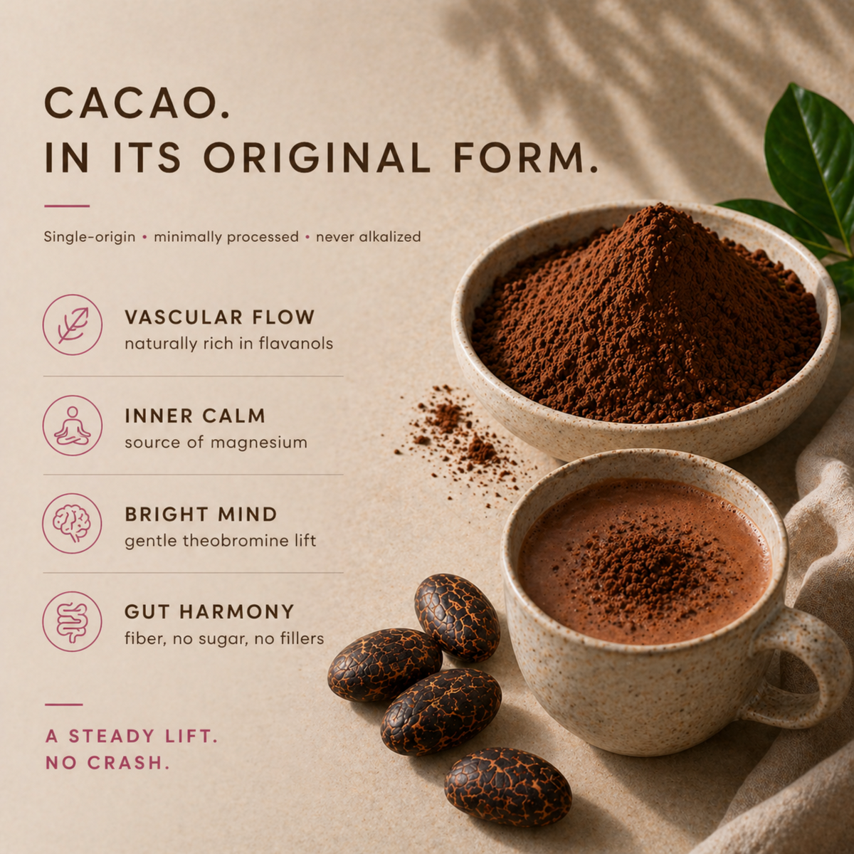 Eleven TLC organic cacao powder graphic with a bowl of cacao powder, cacao beans and a cup of cocoa.