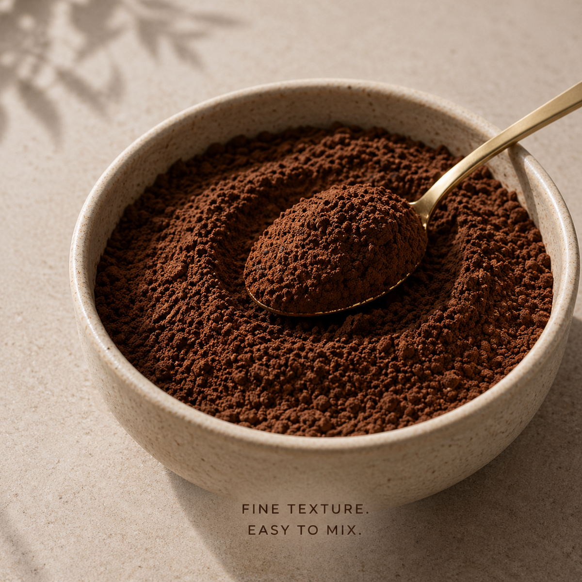 Close-up of fine organic cacao powder in a bowl with a gold spoon.