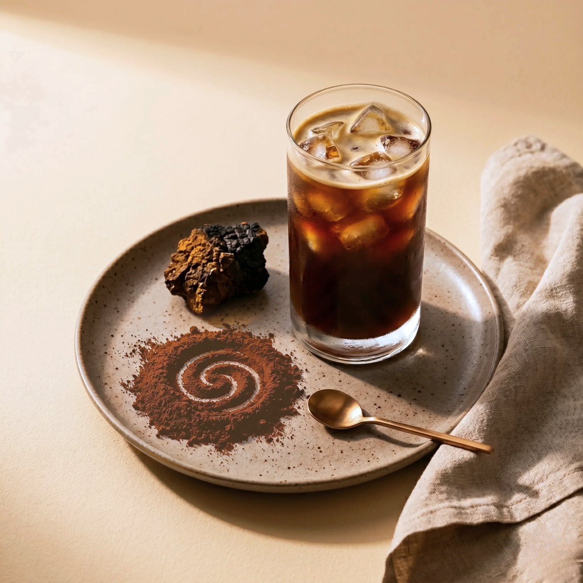 Iced chagaccino made with Eleven TLC Organic Chaga Mushroom Powder on a stoneware plate, with a chaga mushroom chunk, a swirl of warm brown chaga powder and a gold spoon on a warm cream background.