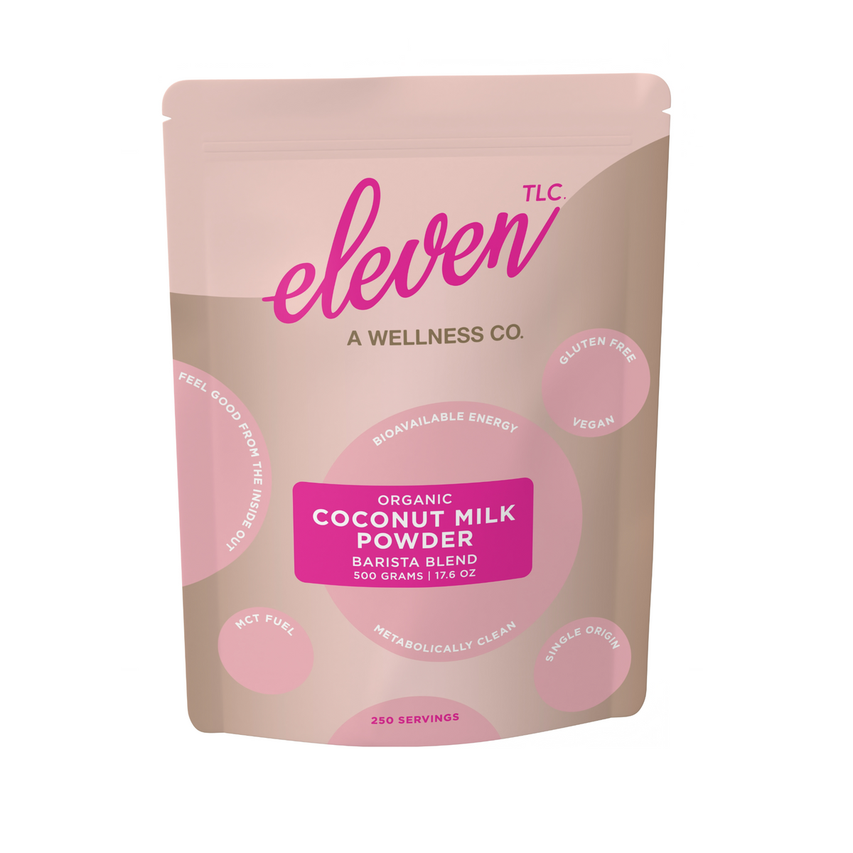 Eleven TLC Organic Coconut Milk Powder 500g Barista Blend – front of pouch showing gluten-free, vegan, 250 servings