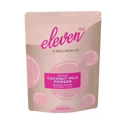 Eleven TLC Organic Coconut Milk Powder 500g Barista Blend – front of pouch showing gluten-free, vegan, 250 servings