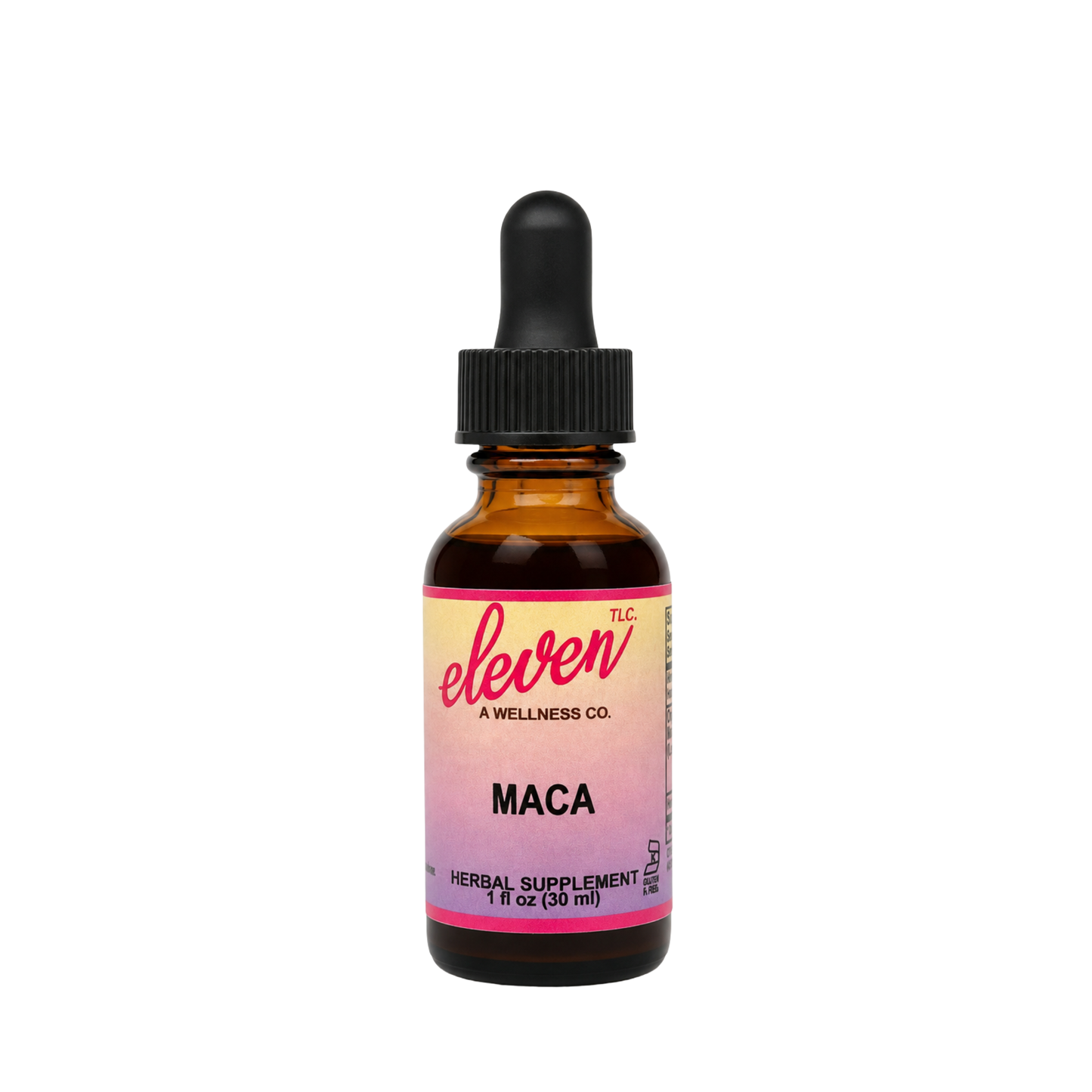 Amber glass bottle of Eleven TLC organic maca root liquid extract, 1 oz, with black dropper cap and branded product label.