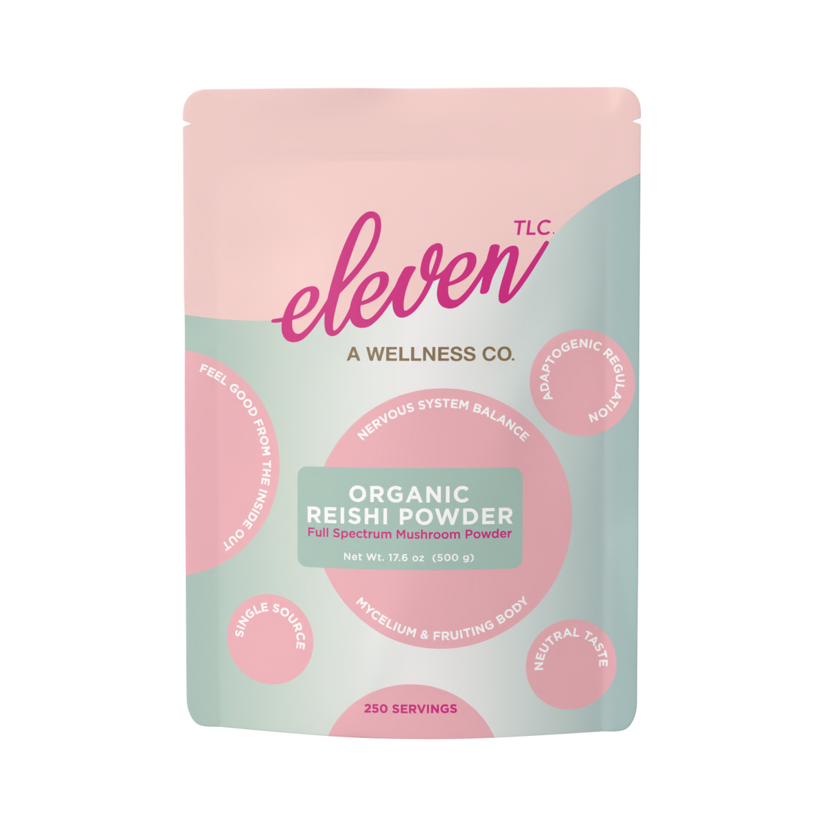Front panel of Eleven TLC organic reishi powder 500g foodservice pouch; supports immune modulation and stress response.