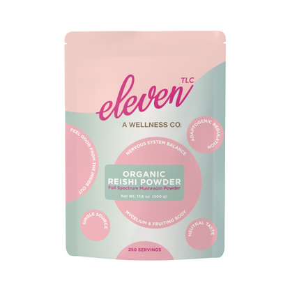 Front panel of Eleven TLC organic reishi powder 500g foodservice pouch; supports immune modulation and stress response.