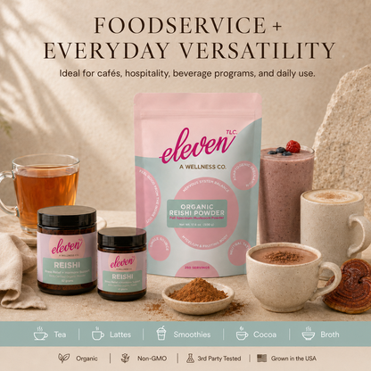 Eleven TLC organic reishi mushroom powder 500g foodservice pouch displayed with jars, glass of tea, latte, and smoothie on a table.