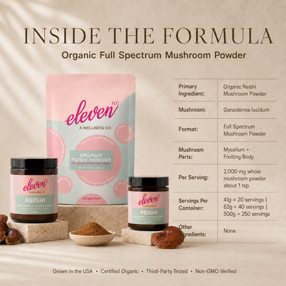 Eleven TLC organic reishi mushroom powder specification chart showing ganoderma lucidum mycelial biomass, fruiting body, 2g serving, and 500g bulk quantity.