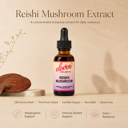 Reishi mushroom tincture graphic highlighting adaptogenic and immune system support benefits for daily resilience.