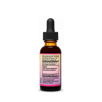 Supplement facts panel for 1oz reishi mushroom liquid extract, listing ingredients, herb strength ratio, and usage.