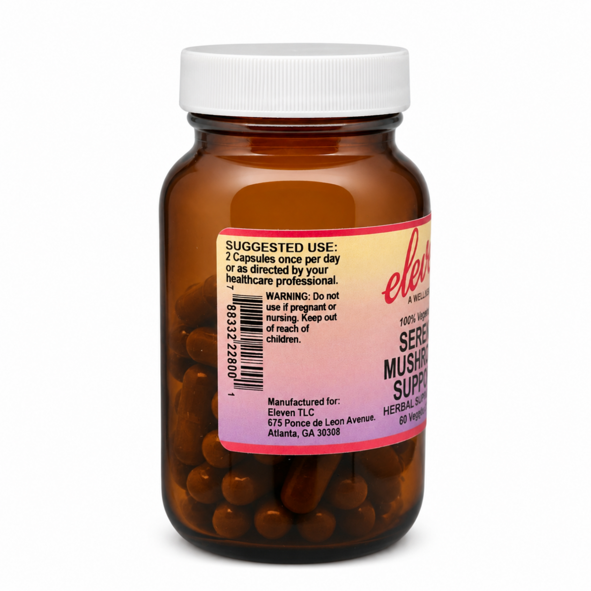 Eleven TLC Serene Mushroom + Herb capsules label: suggested use of 2 capsules daily as directed by your healthcare professional.

360