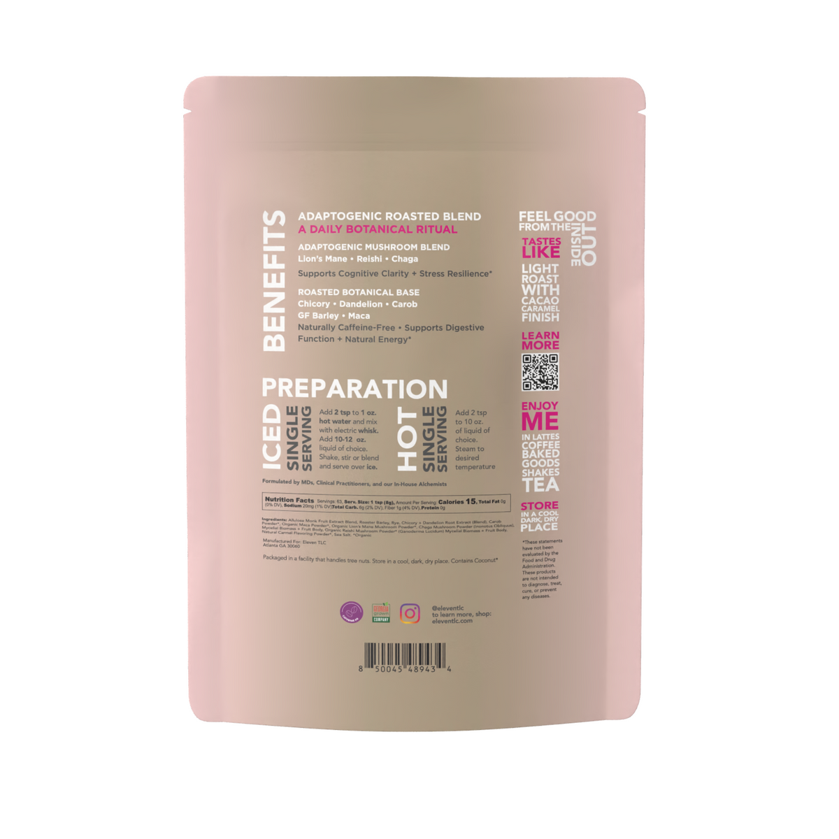 500g bulk pouch back label showing Eleven TLC Shroomie adaptogen beverage mix instructions and technical specifications.