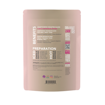 500g bulk pouch back label showing Eleven TLC Shroomie adaptogen beverage mix instructions and technical specifications.
