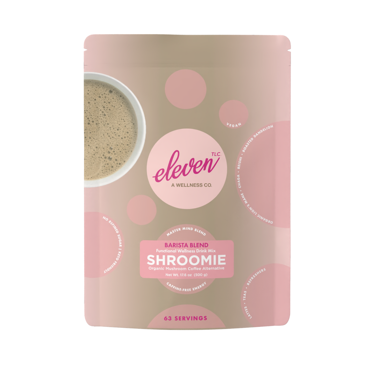 Eleven TLC Shroomie 500g resealable pouch, front panel, 8-adaptogen mushroom coffee alternative, 63 servings.